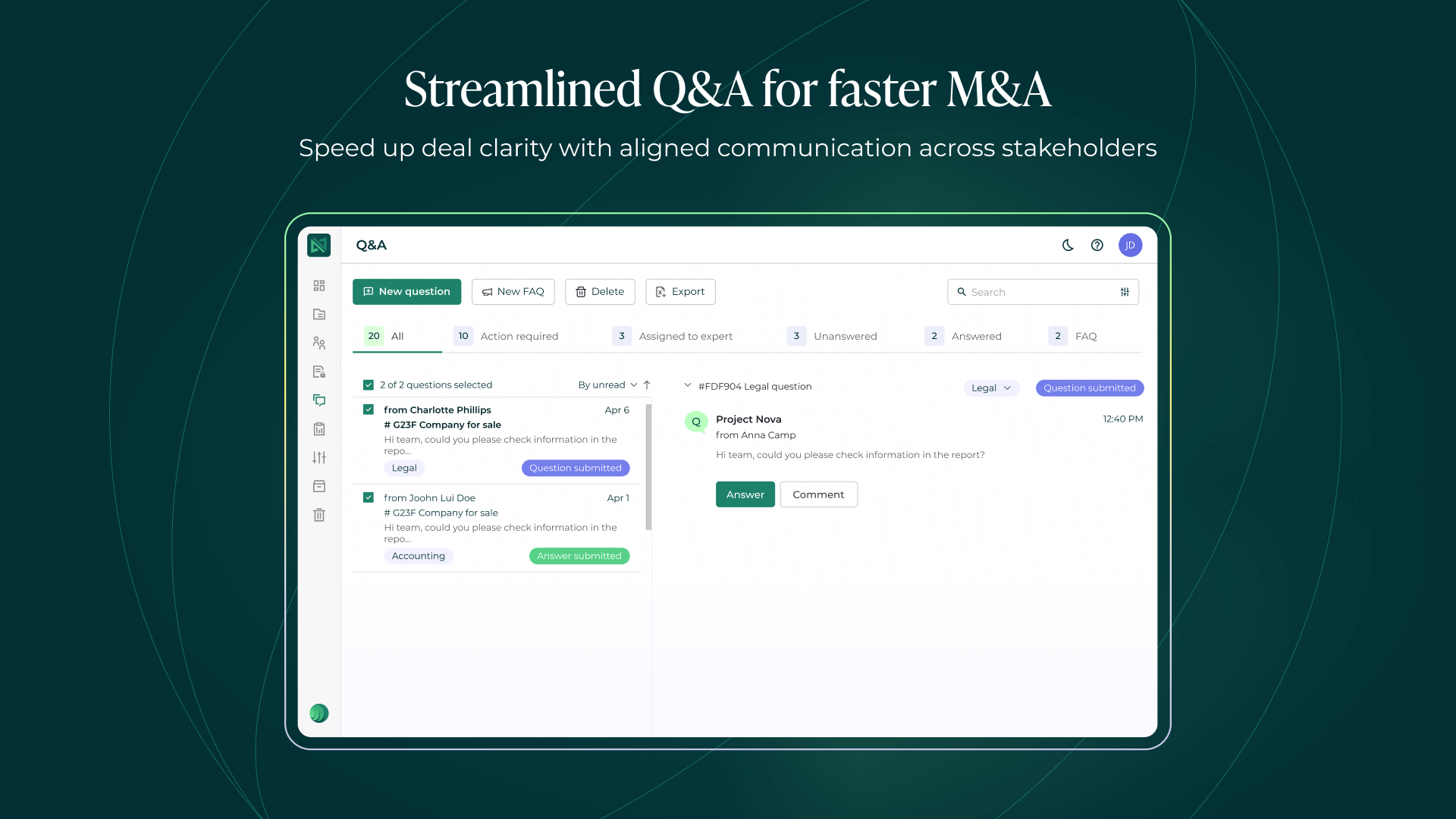 Ideals Q&A workspace showing submitted, assigned and answered due diligence questions